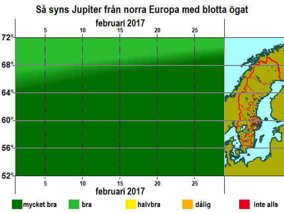 Så syns Jupiter från norra Europa med blotta ögat i februari 2017
