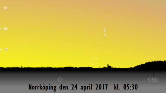 Venus och månskärans position på himlen mot öster på morgonen den 24 april 2017 kl. 05:30 (sedd från Norrköping)
