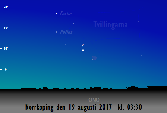 Venus och månskärans position på himlen mot ostnordost på morgonen den 19 augusti 2017 kl. 03:30 (sedd från Norrköping)