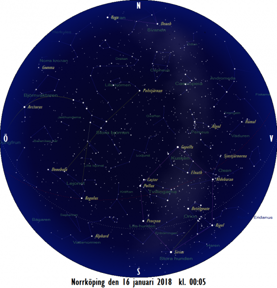 Stjärnkarta som gäller i mitten på månaden mitt i natten