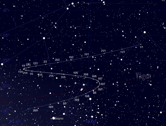Ceres skenbara bana framför stjärnhimlen vid oppositionen 2019 - detaljerad karta