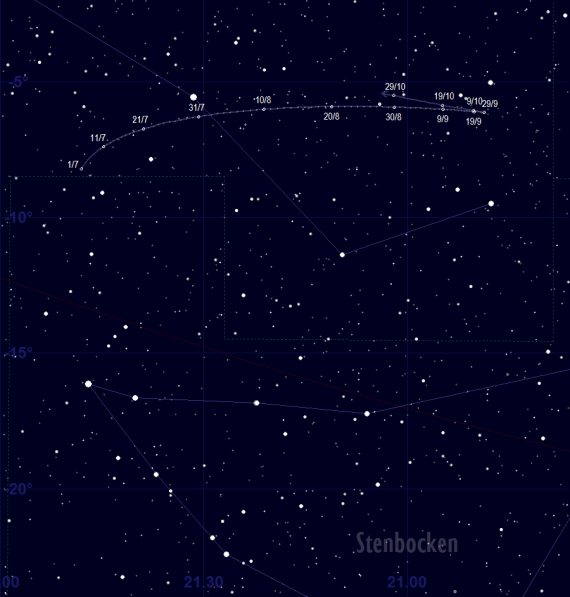 Eunomias skenbara bana framför stjärnhimlen vid oppositionen 2019 - detaljerad karta