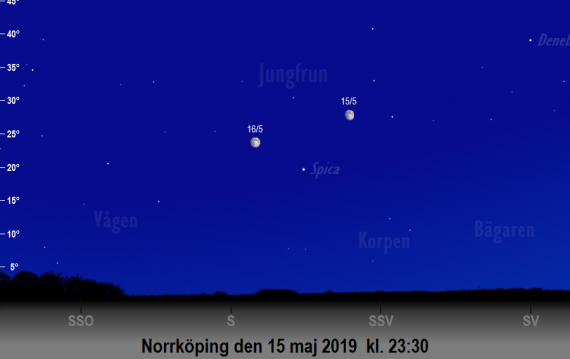 Månen nära Spica på kvällen den 15 och 16 maj 2019 kl. 23:30 (sedd från Norrköping)