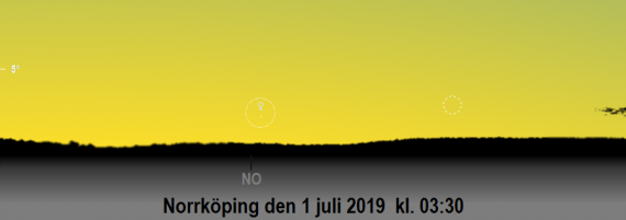 Månen nära Venus på morgonen den 1 juli 2019 kl. 03:30 (sedd från Norrköping)