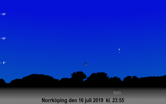 Partiell förmörkad fullmåne nära Saturnus på sena kvällen den 15 juli 2019 kl. 23:55 (sedd från Norrköping)