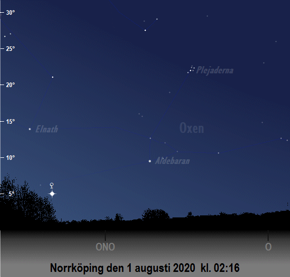 Venus position på himlen vid den nautiska gryningens början i augusti 2020 (sedd från Norrköping)