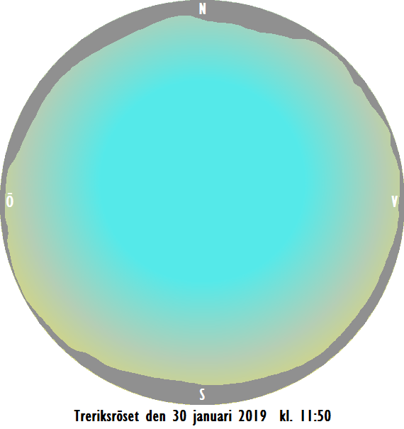 Himlen över Treriksröset den 30 januari 2019 ungefär när solen passerar i söder (ca 6 grader under bergstoppen)