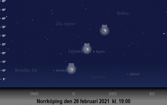 Månen och Regulus position på himlen runt den 26 februari 2021 kl. 19:00 (sedd från Norrköping)
