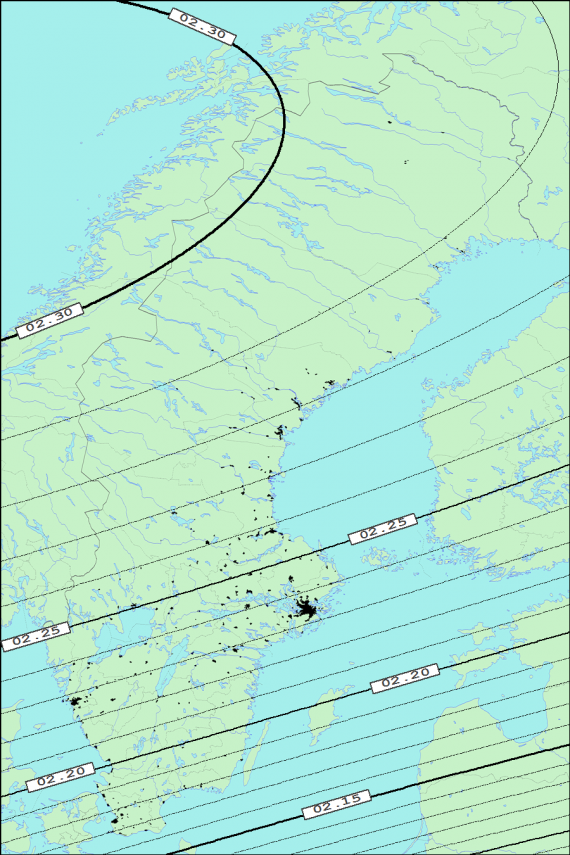 Partiell solförmörkelse den 10 juni 2021 sedd från Sverige. I grafen anges varaktigheten i timmar och minuter