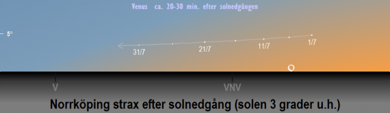 Venus position på himlen i ljusa skymningen (strax efter solnedgången, solen 3 grader under horisonten) i juli 2021 (sedd från Norrköpings breddgrad 58,6°n)