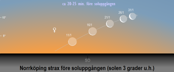 Venus position på himlen (samt dess faser) strax före soluppgången (när solen befinner sig 3 grader under horisonten) i januari 2022 (sedd från Norrköpings breddgrad 58,6°n)