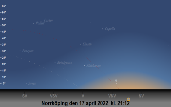 2022-04-17 kl. 21:12 Merkurius position på himlen på påskdagens kväll sedd från Norrköping