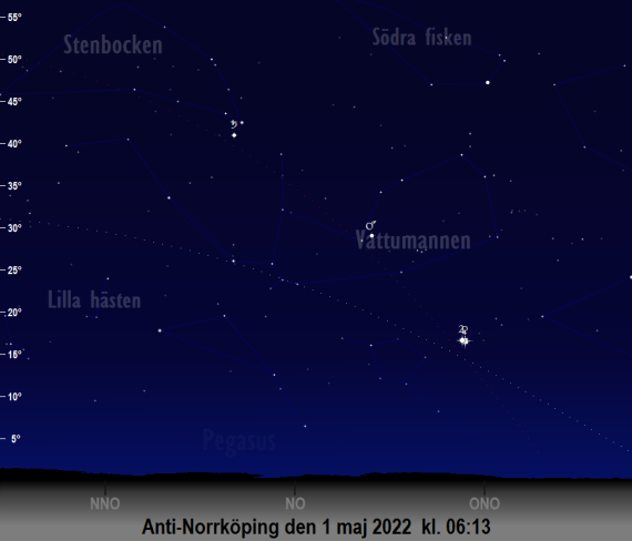 Himlen sedd från fiktiva Anti-Norrköping den 1 maj 2022 vid den astronomiska gryningens början