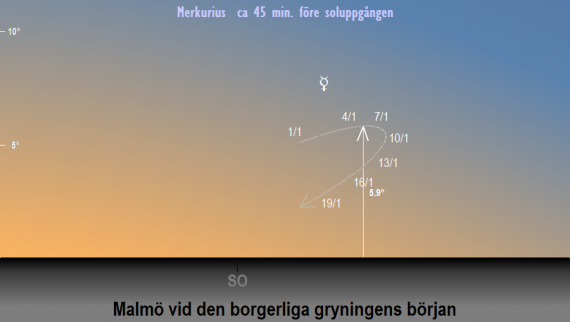 Merkurius position på himlen vid den borgerliga gryningens början i januari 2024 (sedd från Malmös breddgrad 55,6°n)