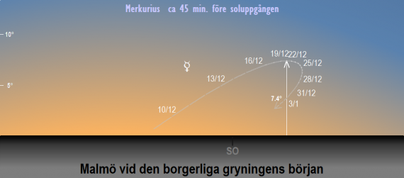Merkurius position på himlen vid den borgerliga gryningens början i december 2024 (sedd från Malmös breddgrad 55,6°n)