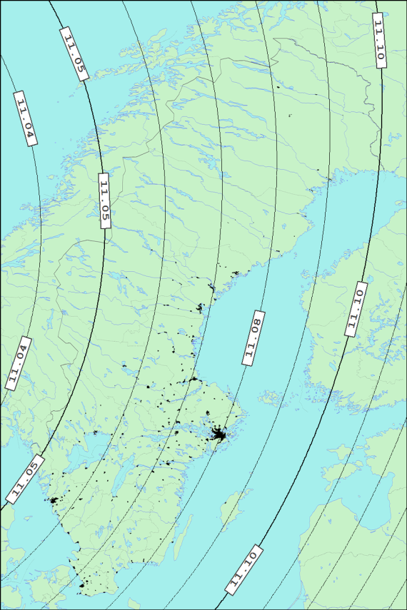 Partiell solförmörkelse den 25 oktober 2022 sedd från Sverige. I grafen anges tidpunkten då solförmörkelsen börjar (i svensk sommartid)
