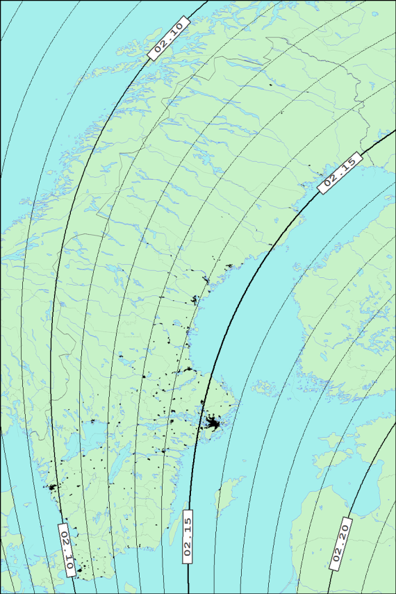 Partiell solförmörkelse den 25 oktober 2022 sedd från Sverige. I grafen anges varaktigheten i timmar och minuter