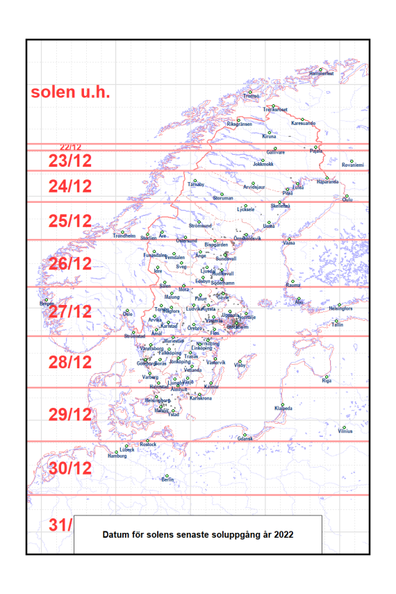Datum för solens senaste soluppgång över norra Europa år 2022