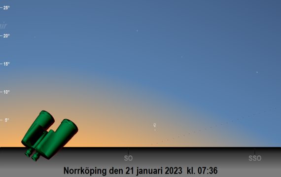Merkurius position på himlen den 21 januari 2023 kl. 07:36 sedd från Norrköping