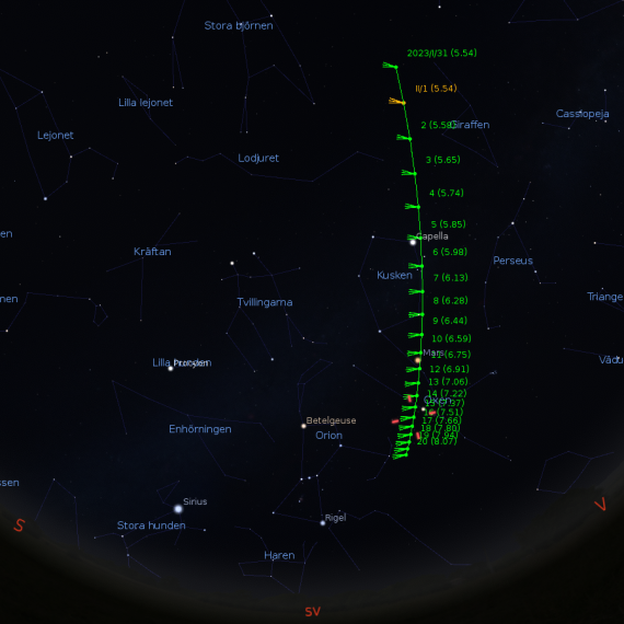 Komet c/2020 E3 (ZTF) - banan på himlavalvet i februari 2023 (karta: Stellarium)