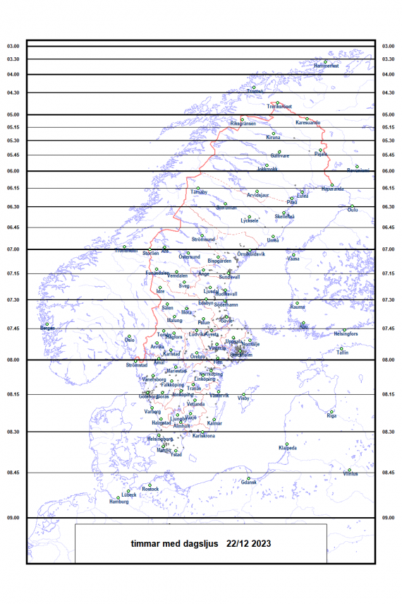 Antal timmar med dagsljus över norra Europa den 22 december 2023 (dagen då vintersolståndet inträffar)