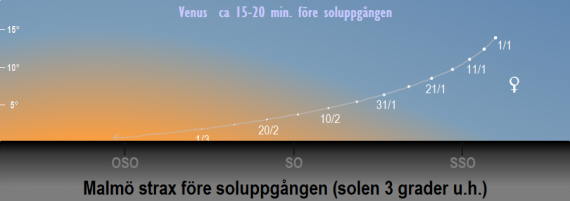 Venus position på himlen strax före soluppgången när solen befinner sig tre grader under horisonten år 2024 (sedd från Malmös breddgrad 55,6°n)