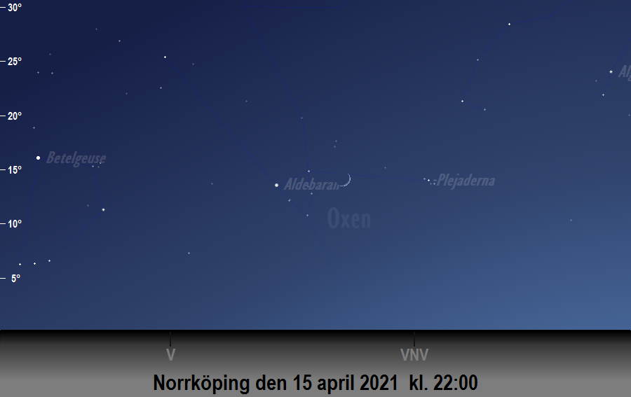 Månen (nästan) i linje med<br/> Aldebaran och Plejaderna den 15 april 2021 kl. 22:00 sedd från Norrköping
