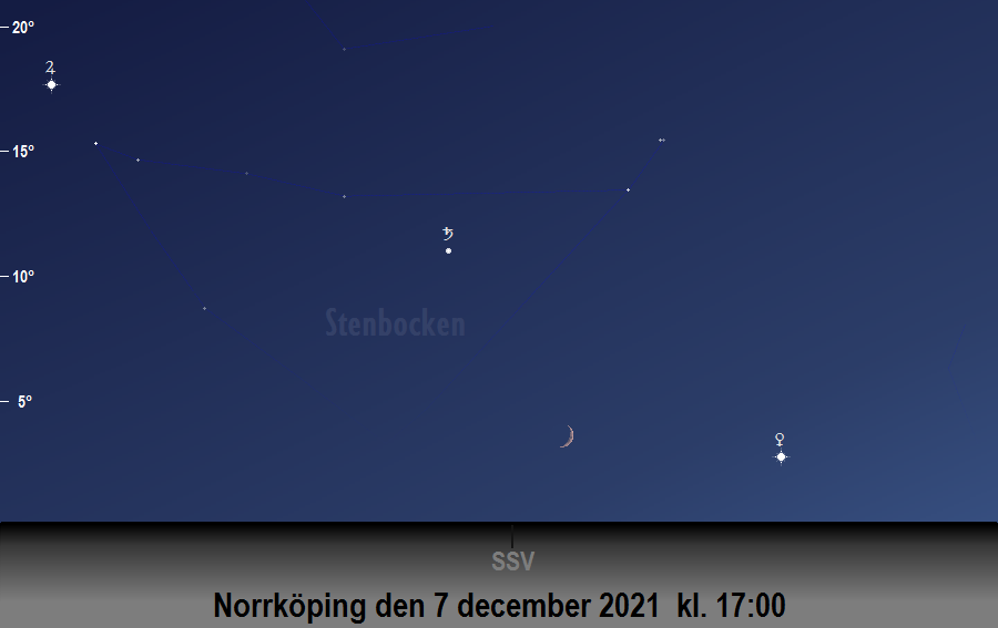 Månen bildar en triangel med<br/> Venus och Saturnus den 7 december 2021 kl. 17:00 sedd från Norrköping
