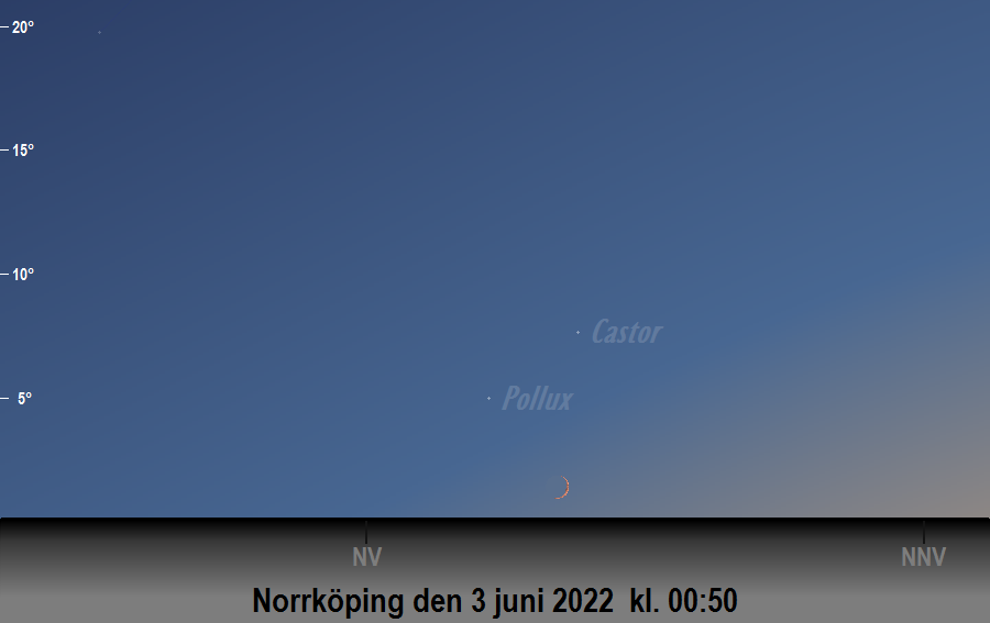Månen bildar en triangel med<br/> Castor och Pollux den 3 juni 2022 kl. 00:50 sedd från Norrköping
