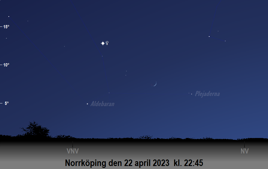 Månen bildar en triangel med<br/> Venus och Aldebaran den 22 april 2023 kl. 22:45 sedd från Norrköping
