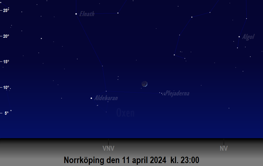 Månen bildar en triangel med<br/> Aldebaran och Plejaderna den 11 april 2024 kl. 23:00 sedd från Norrköping
